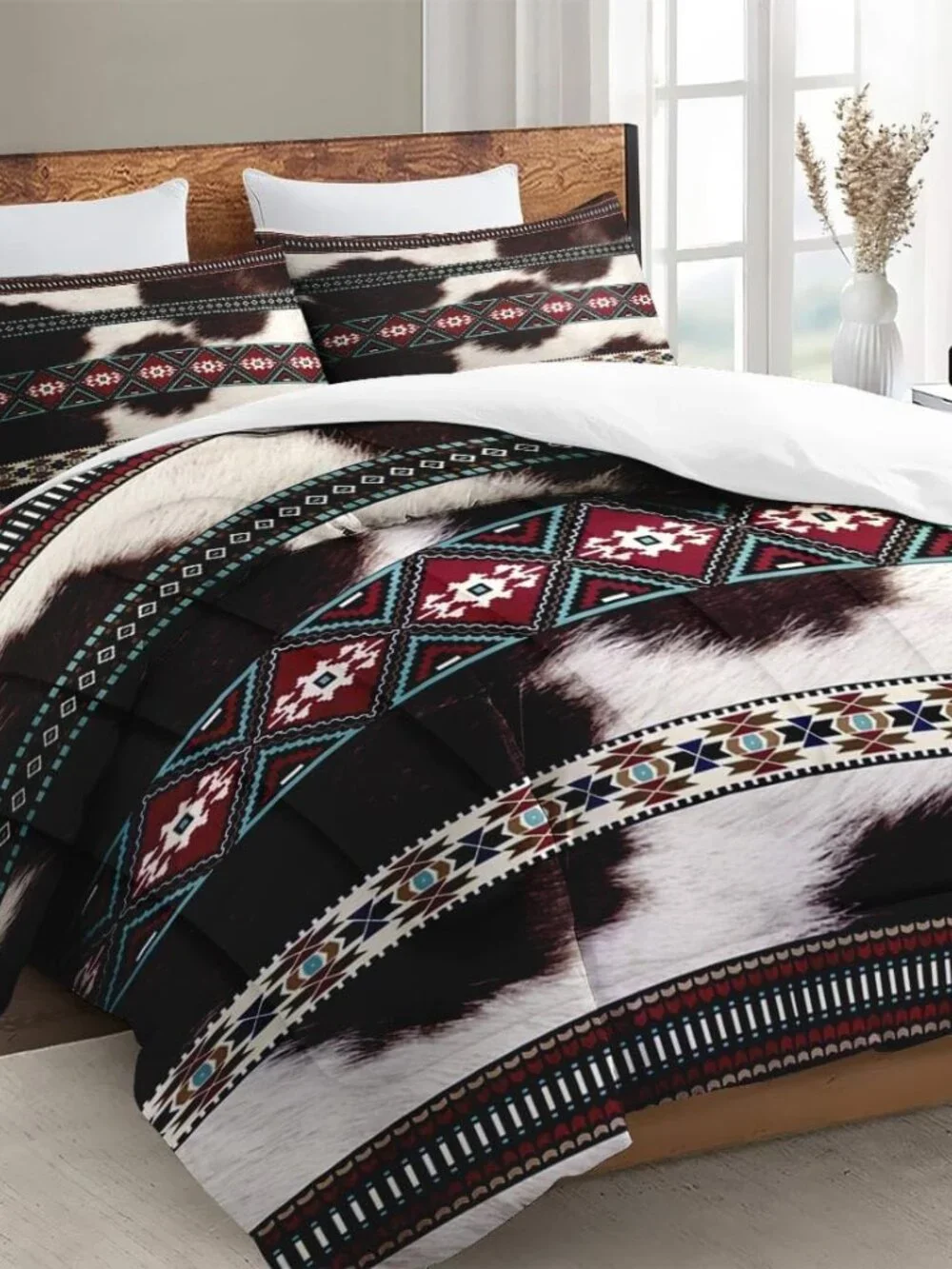 Queen Comforter Set, 3 Pieces Cowhide Cow Bedding, All Season | Western Vintage